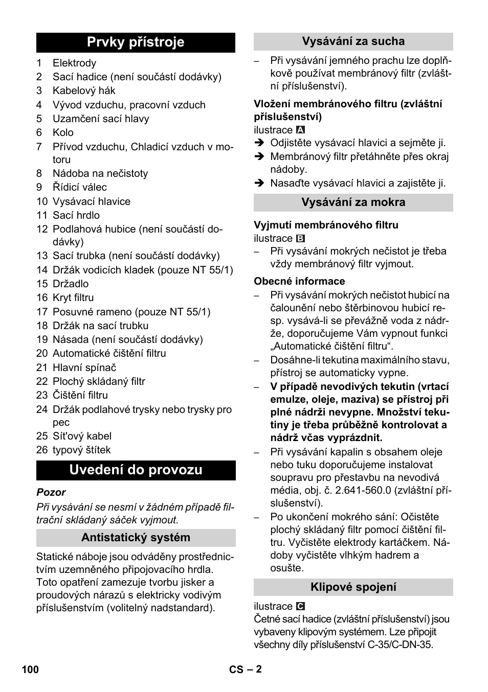 Prvky přístroje uvedení do provozu | Karcher NT 55-1 Tact Bs User Manual | Page 100 / 180