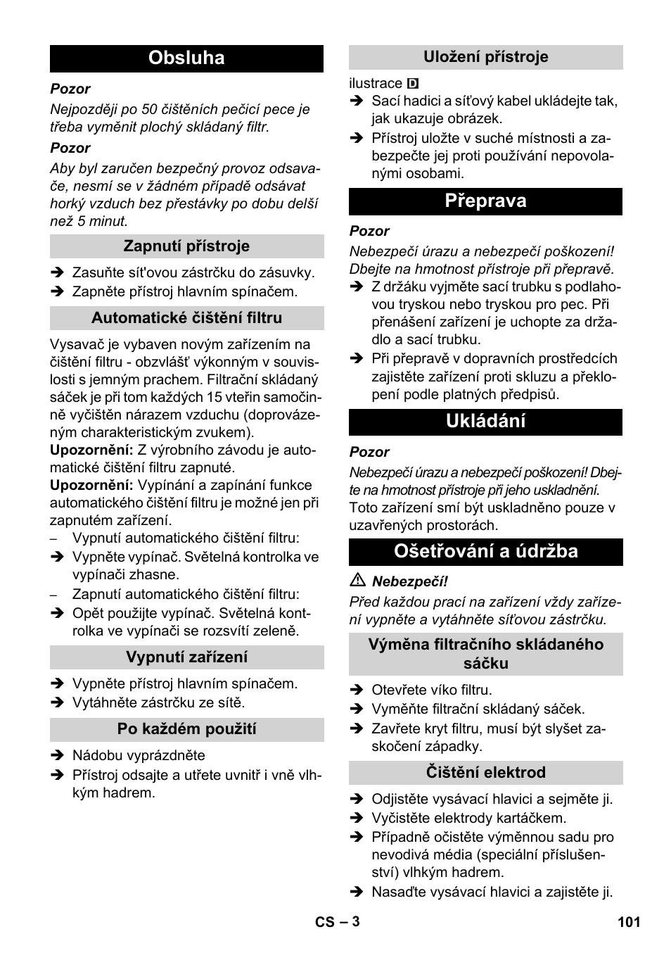 Obsluha, Přeprava ukládání ošetřování a údržba | Karcher NT 55-1 Tact Bs User Manual | Page 101 / 180