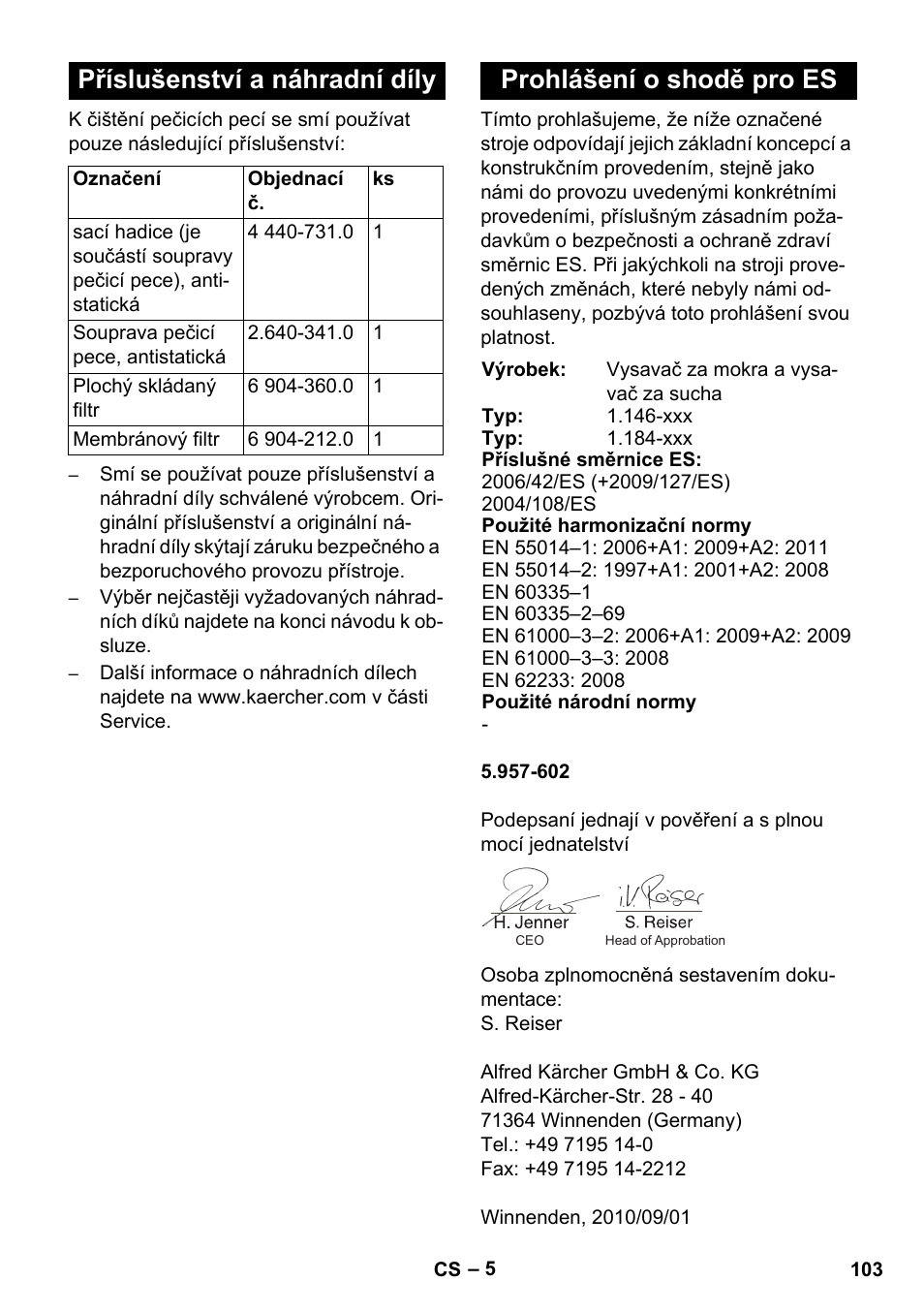 Příslušenství a náhradní díly, Prohlášení o shodě pro es | Karcher NT 55-1 Tact Bs User Manual | Page 103 / 180