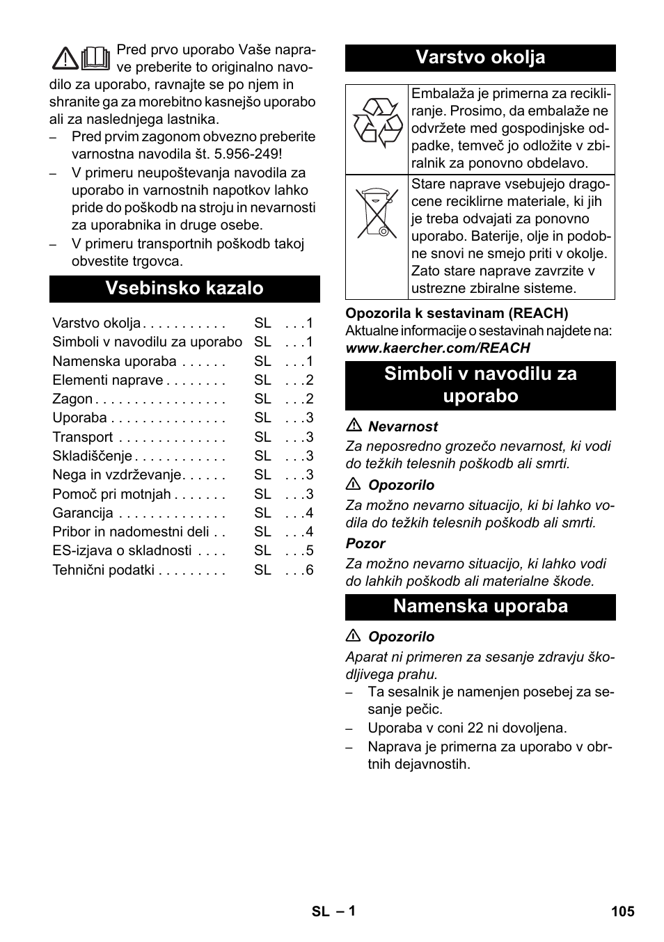 Slovenščina, Vsebinsko kazalo, Varstvo okolja | Simboli v navodilu za uporabo namenska uporaba | Karcher NT 55-1 Tact Bs User Manual | Page 105 / 180