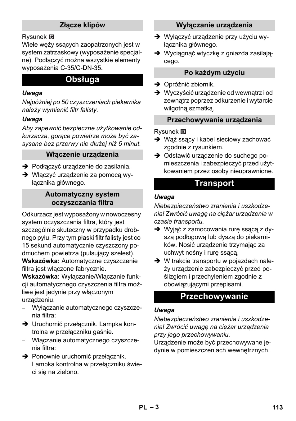 Obsługa, Transport przechowywanie | Karcher NT 55-1 Tact Bs User Manual | Page 113 / 180