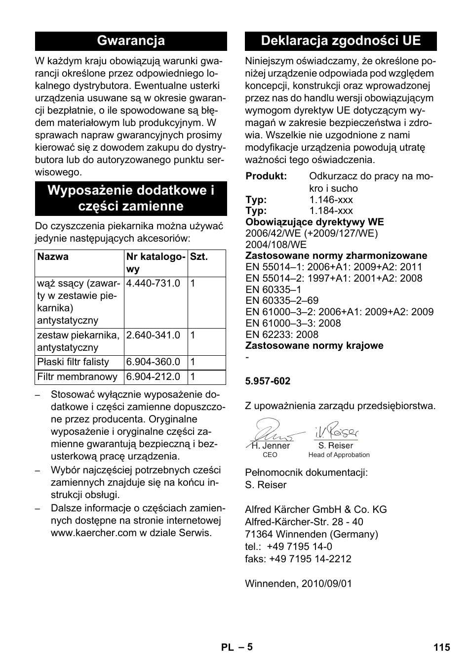 Gwarancja wyposażenie dodatkowe i części zamienne, Deklaracja zgodności ue | Karcher NT 55-1 Tact Bs User Manual | Page 115 / 180