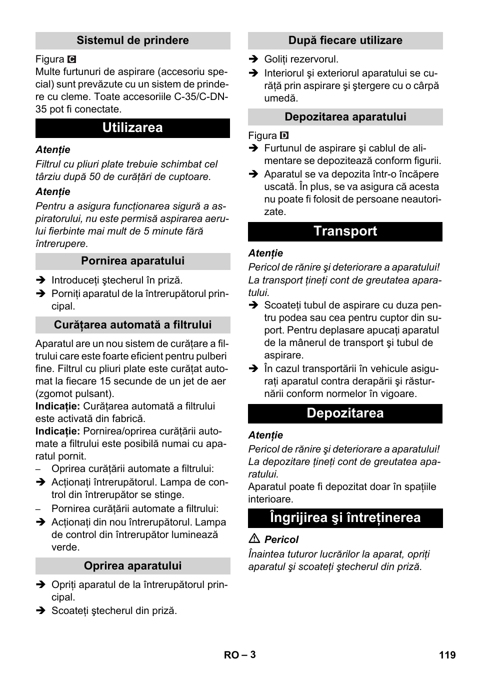 Utilizarea, Transport depozitarea îngrijirea şi întreţinerea | Karcher NT 55-1 Tact Bs User Manual | Page 119 / 180