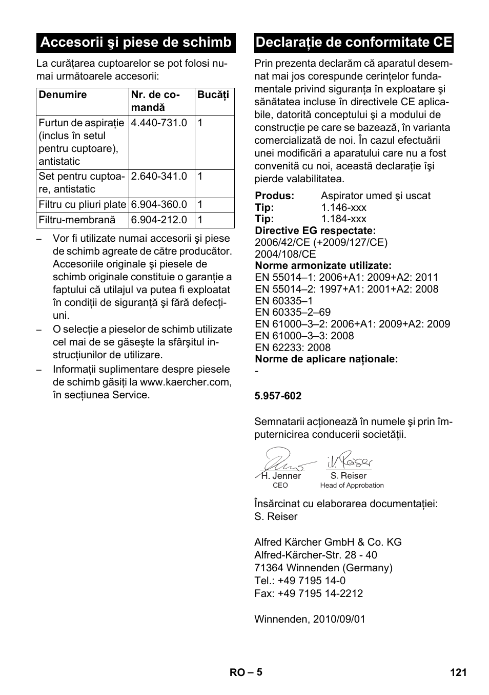 Accesorii şi piese de schimb, Declaraţie de conformitate ce | Karcher NT 55-1 Tact Bs User Manual | Page 121 / 180