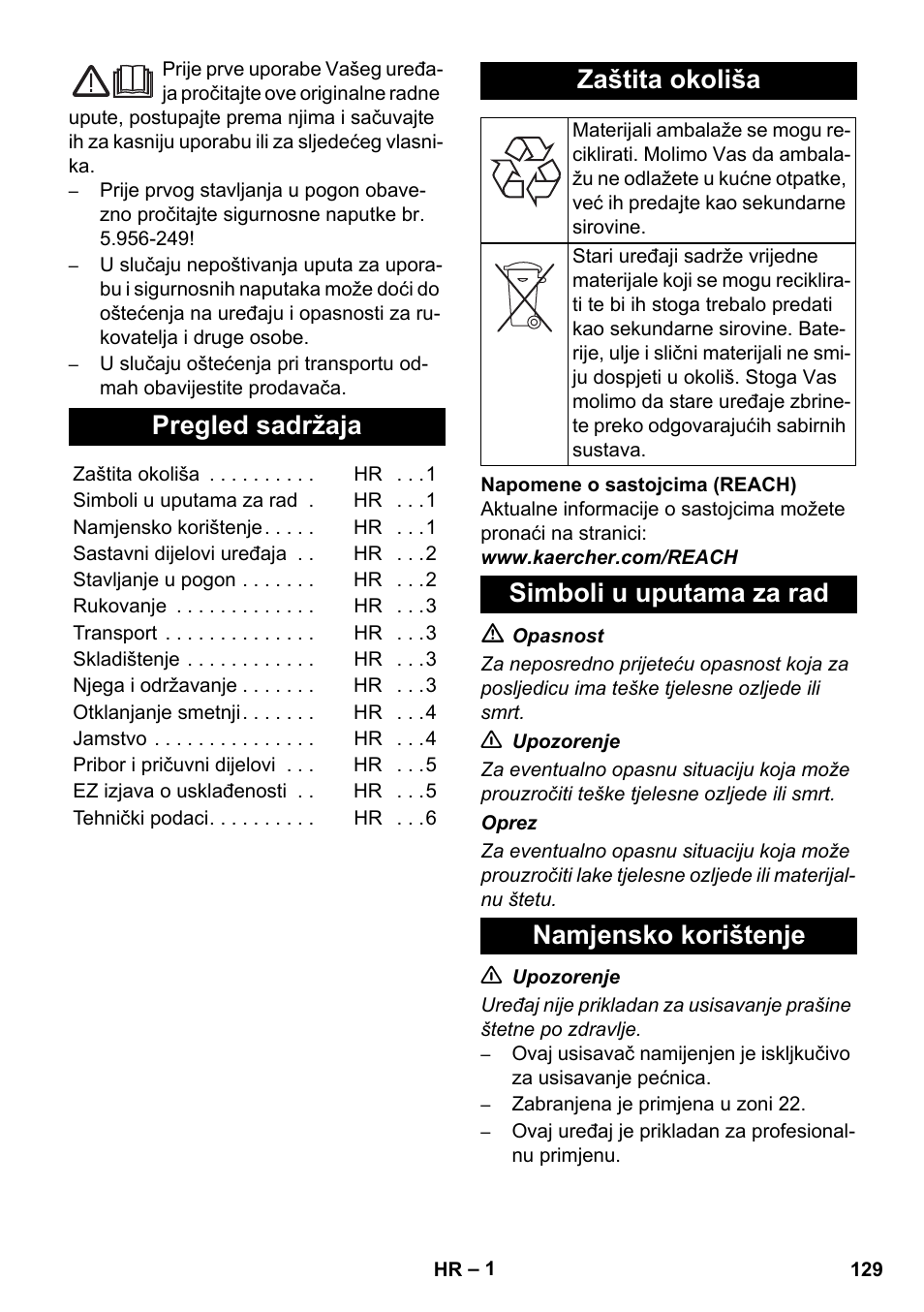 Hrvatski, Pregled sadržaja, Zaštita okoliša | Simboli u uputama za rad namjensko korištenje | Karcher NT 55-1 Tact Bs User Manual | Page 129 / 180