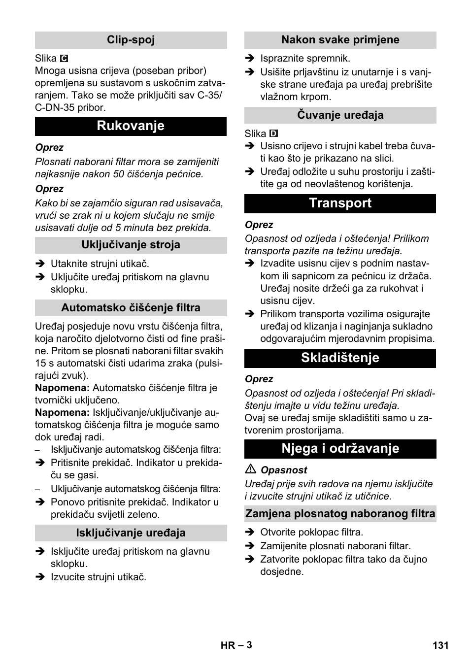 Rukovanje, Transport skladištenje njega i održavanje | Karcher NT 55-1 Tact Bs User Manual | Page 131 / 180