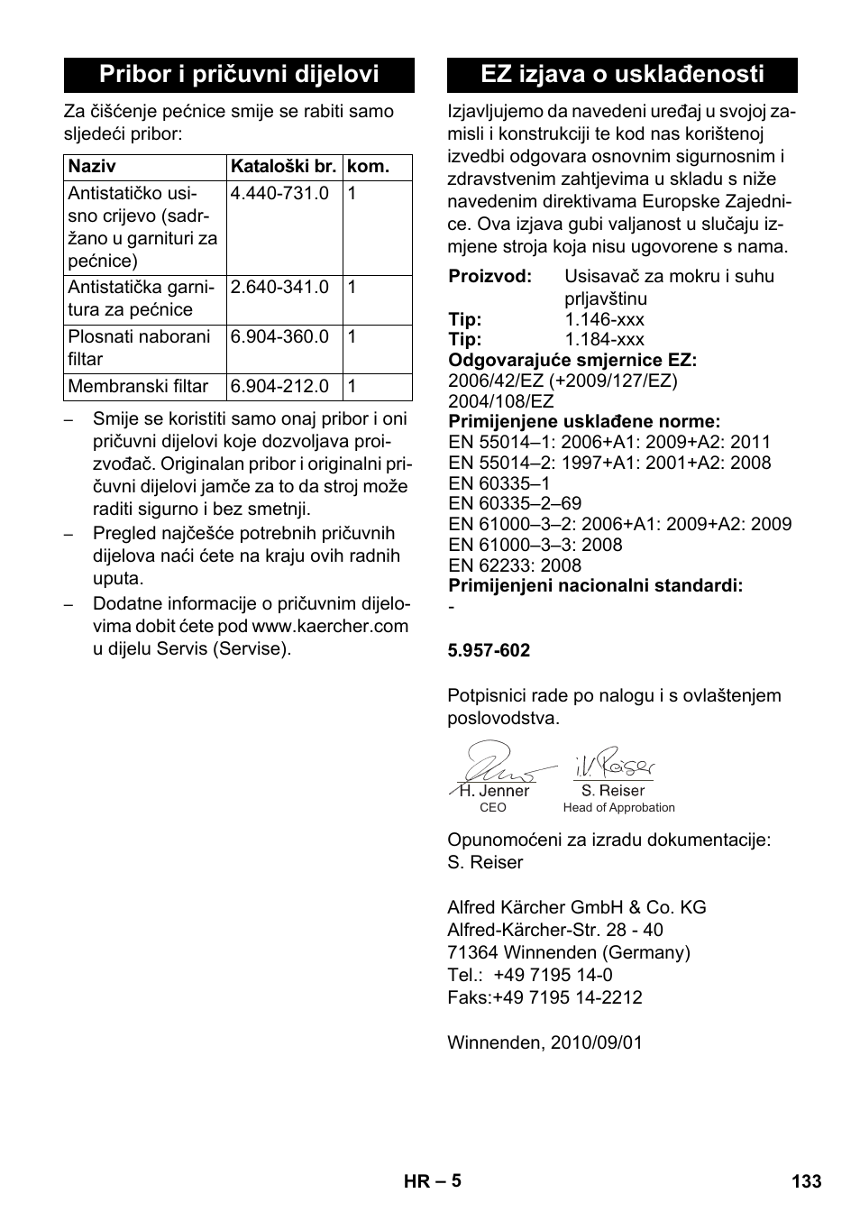 Pribor i pričuvni dijelovi, Ez izjava o usklađenosti | Karcher NT 55-1 Tact Bs User Manual | Page 133 / 180