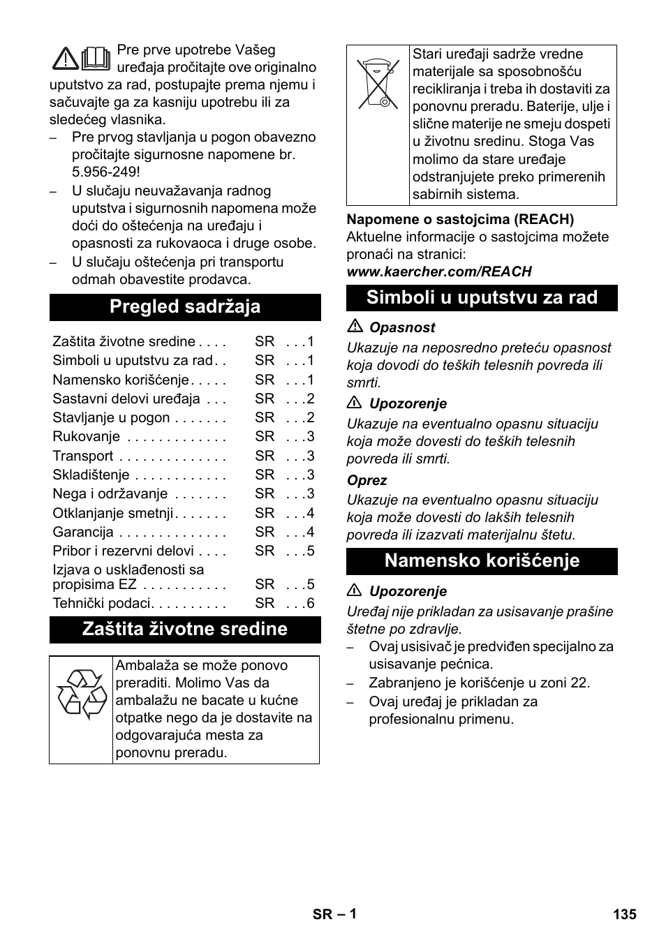 Srpski, Pregled sadržaja, Zaštita životne sredine | Simboli u uputstvu za rad namensko korišćenje | Karcher NT 55-1 Tact Bs User Manual | Page 135 / 180