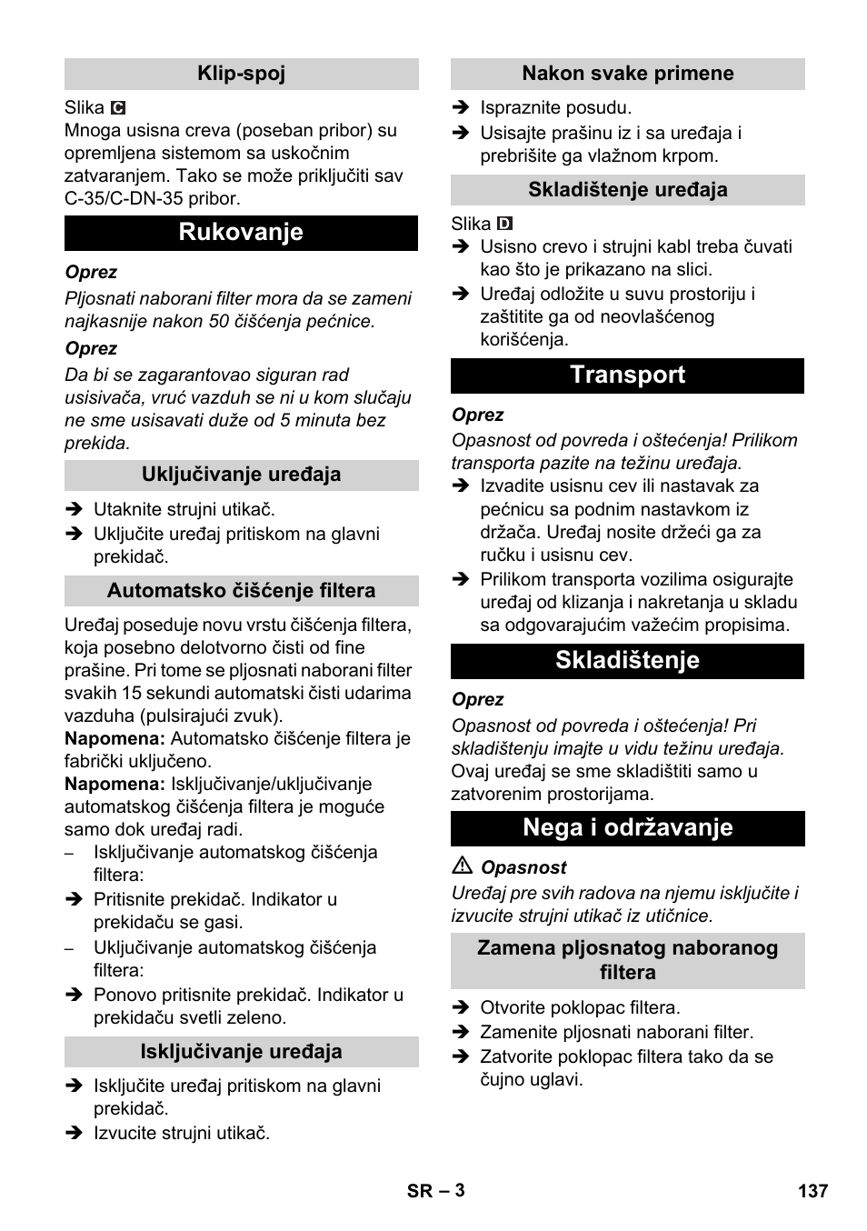 Rukovanje, Transport skladištenje nega i održavanje | Karcher NT 55-1 Tact Bs User Manual | Page 137 / 180