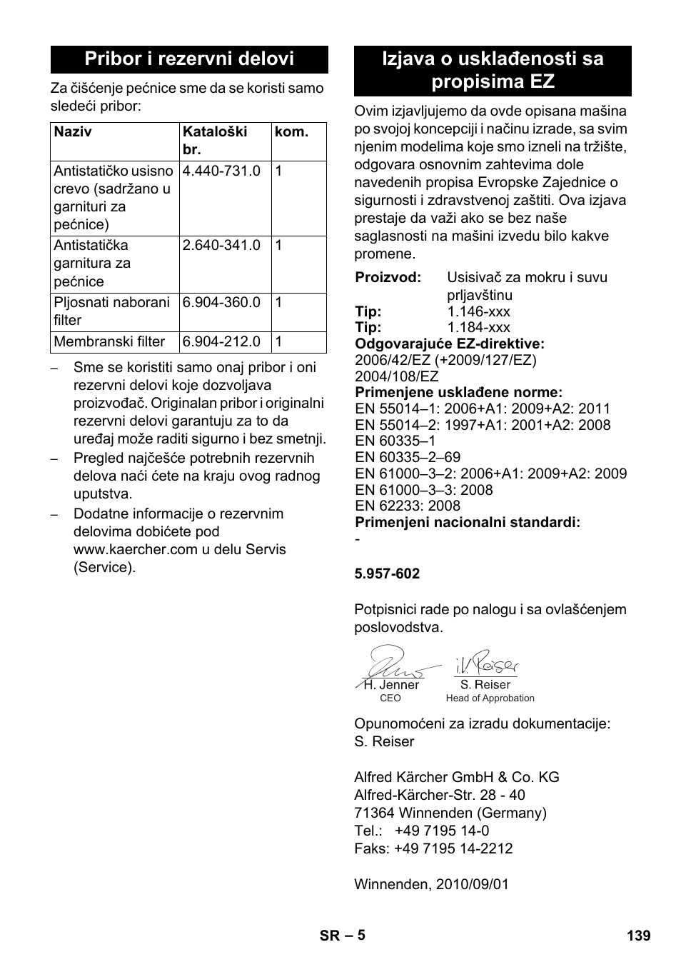 Pribor i rezervni delovi, Izjava o usklađenosti sa propisima ez | Karcher NT 55-1 Tact Bs User Manual | Page 139 / 180