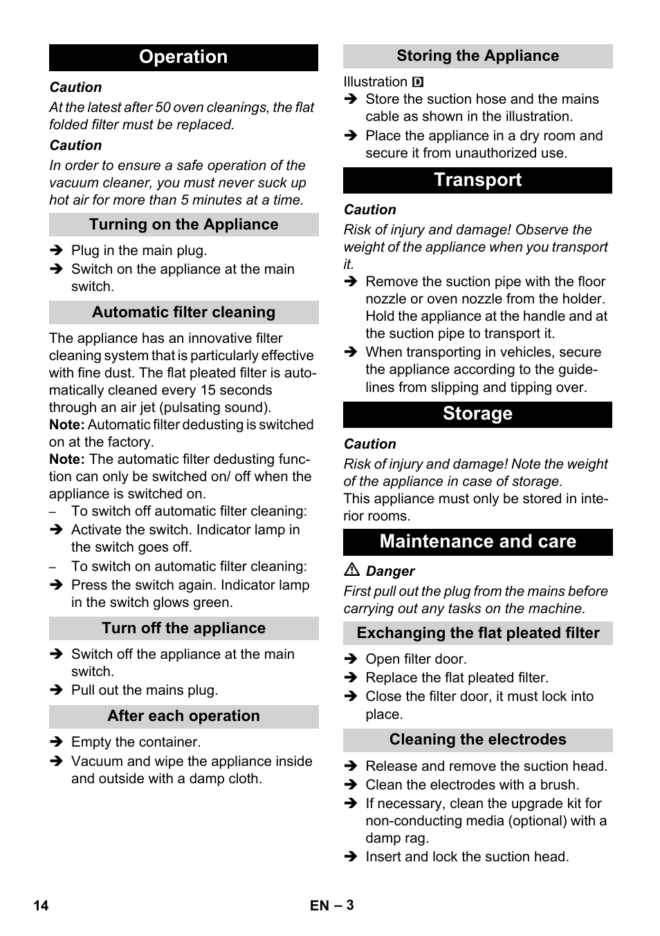 Operation, Transport storage maintenance and care | Karcher NT 55-1 Tact Bs User Manual | Page 14 / 180