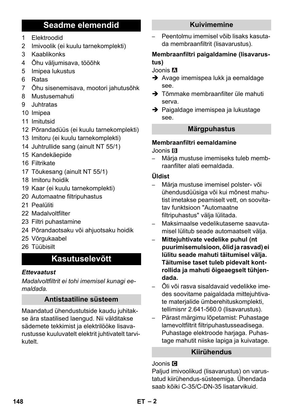 Seadme elemendid kasutuselevõtt | Karcher NT 55-1 Tact Bs User Manual | Page 148 / 180