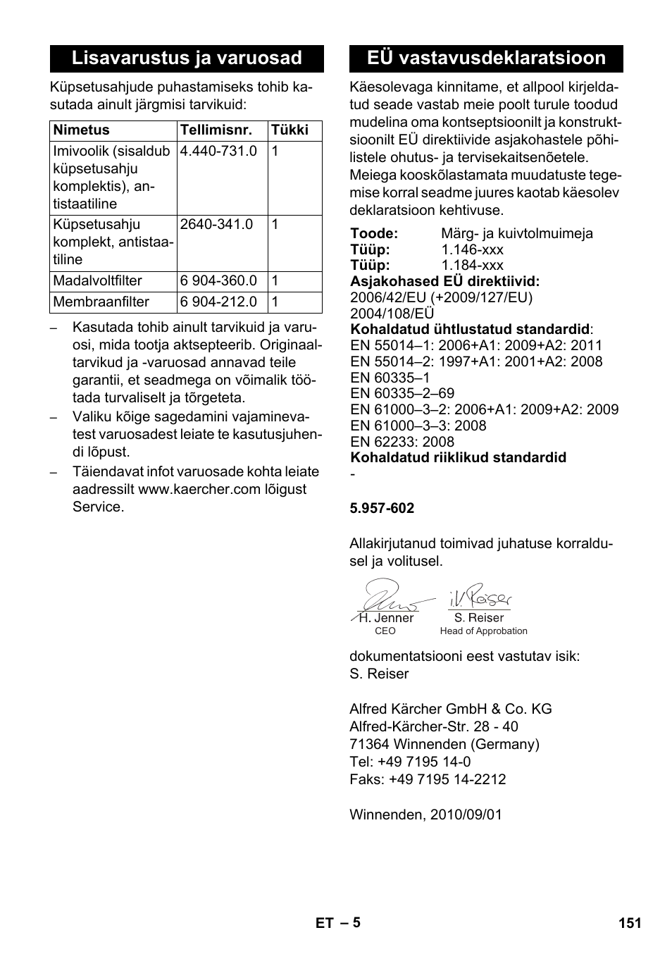 Lisavarustus ja varuosad, Eü vastavusdeklaratsioon | Karcher NT 55-1 Tact Bs User Manual | Page 151 / 180