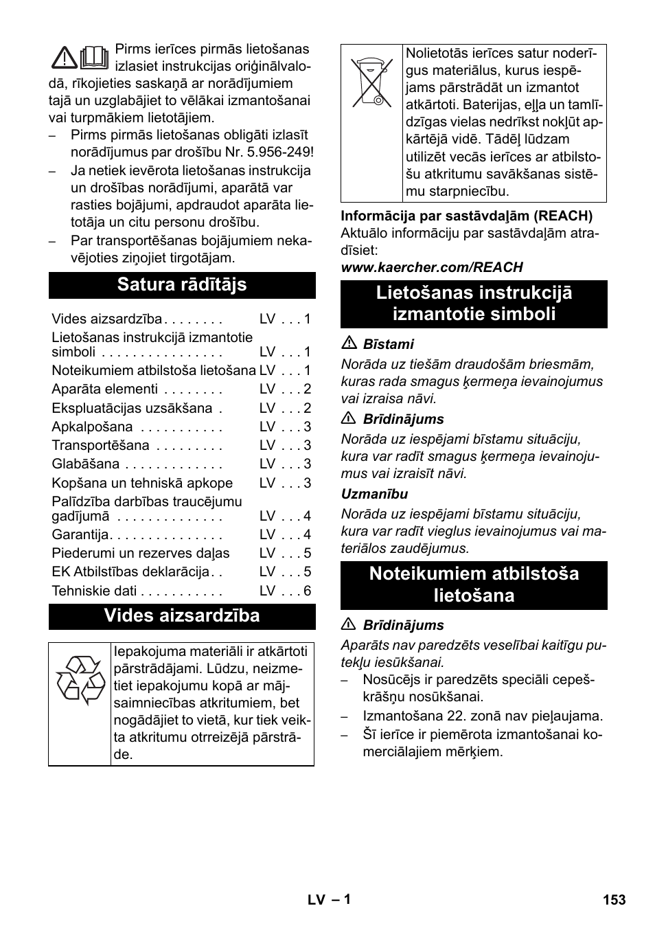 Latviešu, Satura rādītājs, Vides aizsardzība | Karcher NT 55-1 Tact Bs User Manual | Page 153 / 180