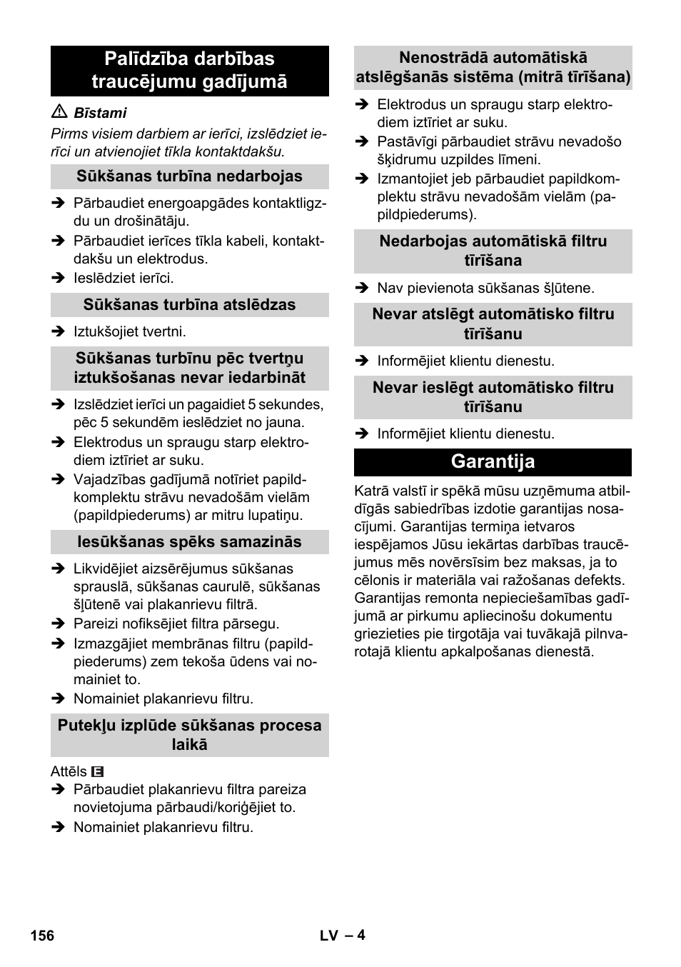 Palīdzība darbības traucējumu gadījumā, Garantija | Karcher NT 55-1 Tact Bs User Manual | Page 156 / 180