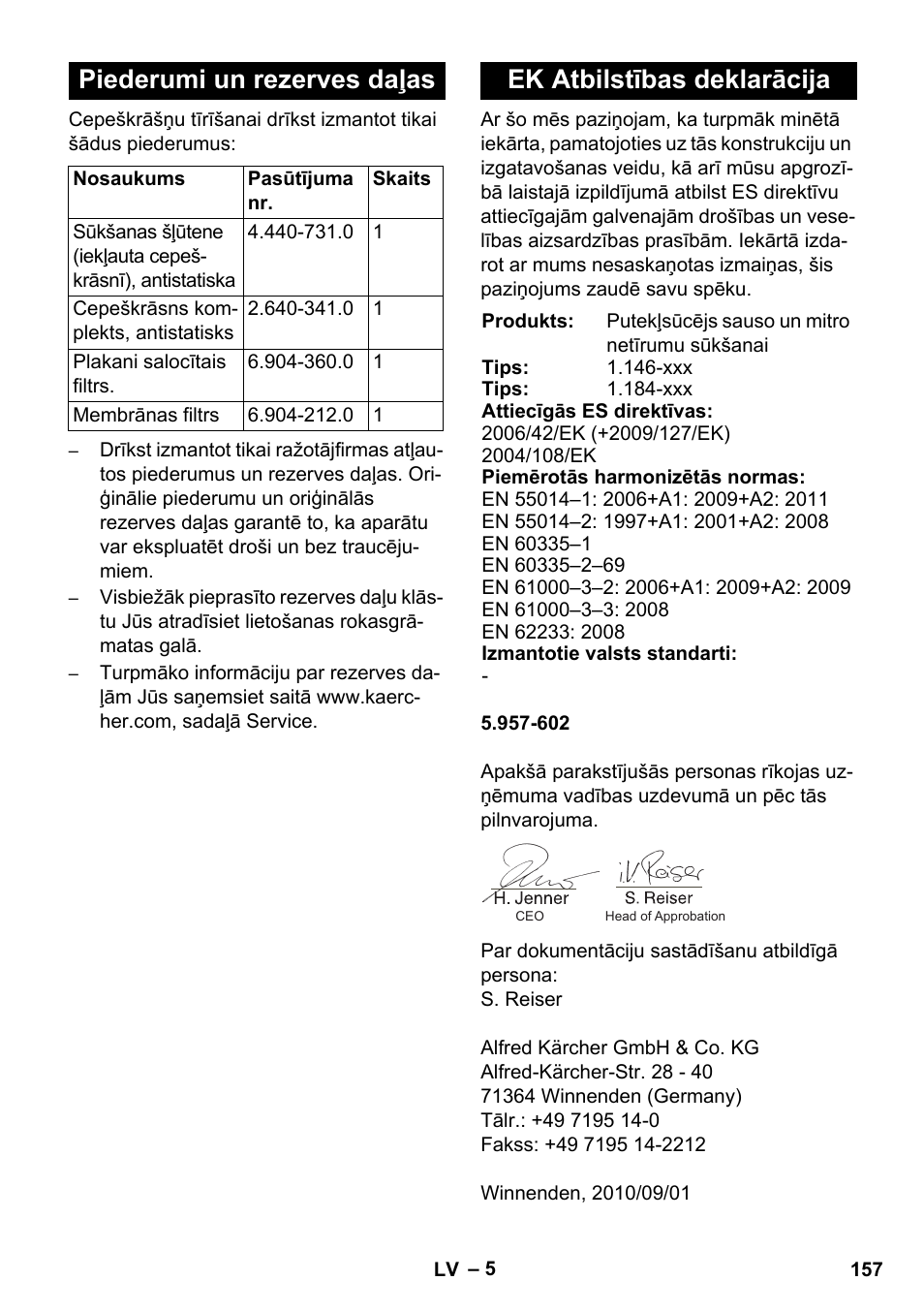 Piederumi un rezerves daļas, Ek atbilstības deklarācija | Karcher NT 55-1 Tact Bs User Manual | Page 157 / 180