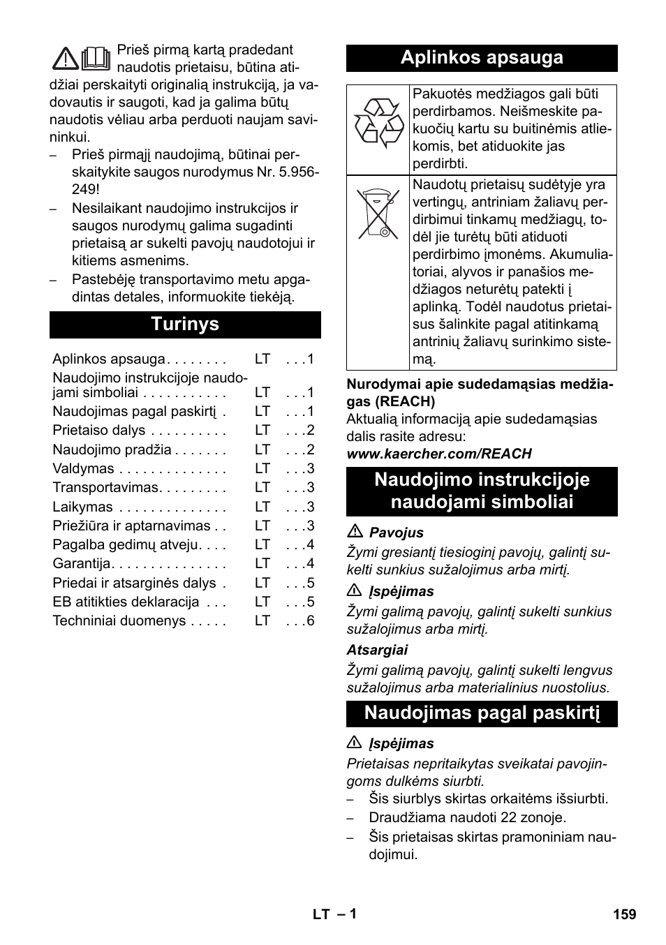 Lietuviškai, Turinys, Aplinkos apsauga | Karcher NT 55-1 Tact Bs User Manual | Page 159 / 180