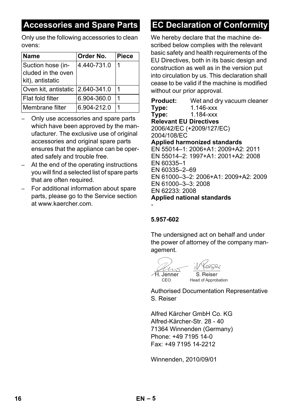 Accessories and spare parts, Ec declaration of conformity | Karcher NT 55-1 Tact Bs User Manual | Page 16 / 180