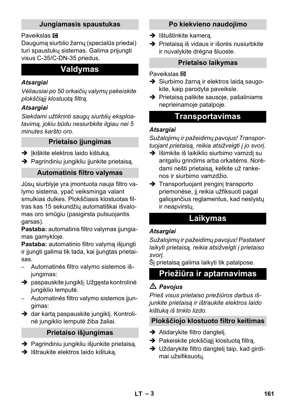 Valdymas, Transportavimas laikymas priežiūra ir aptarnavimas | Karcher NT 55-1 Tact Bs User Manual | Page 161 / 180