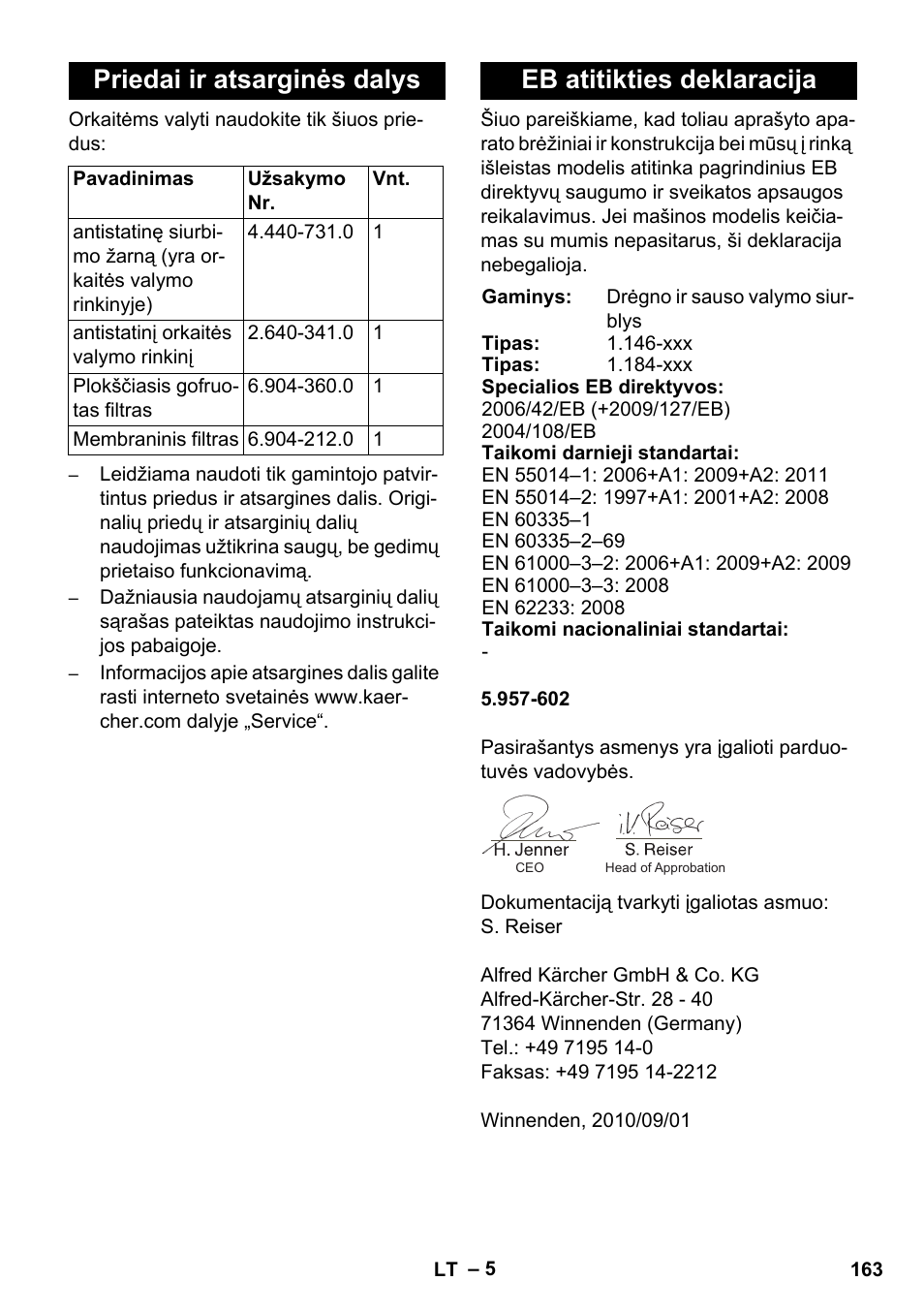 Priedai ir atsarginės dalys, Eb atitikties deklaracija | Karcher NT 55-1 Tact Bs User Manual | Page 163 / 180