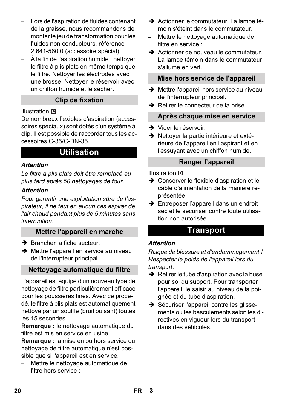 Utilisation, Transport | Karcher NT 55-1 Tact Bs User Manual | Page 20 / 180