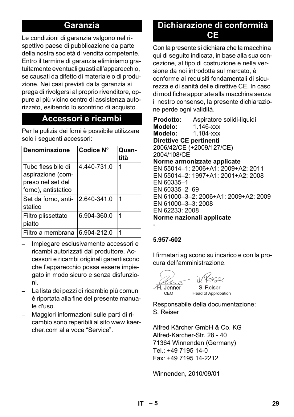 Garanzia accessori e ricambi, Dichiarazione di conformità ce | Karcher NT 55-1 Tact Bs User Manual | Page 29 / 180