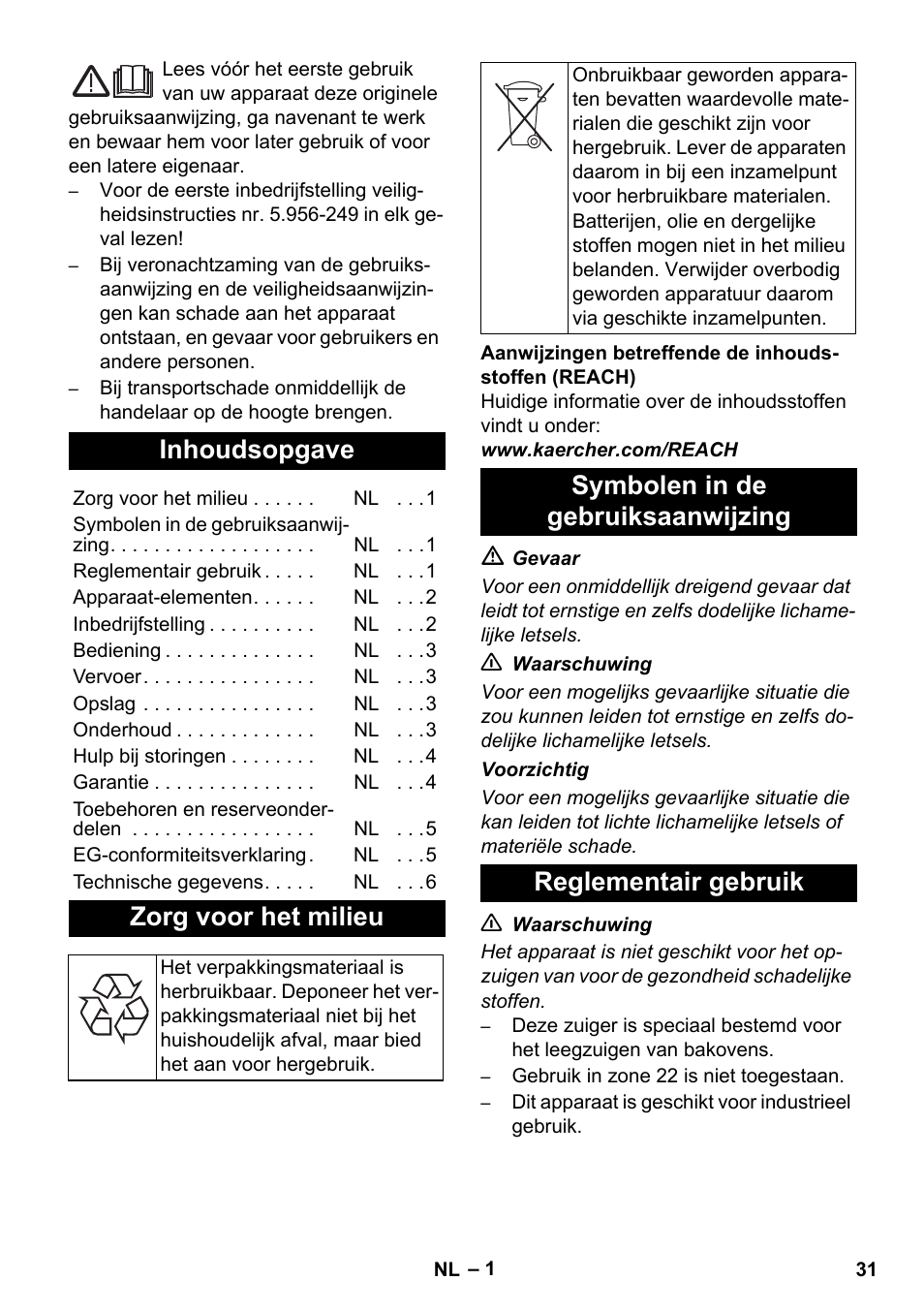 Nederlands, Inhoudsopgave, Zorg voor het milieu | Karcher NT 55-1 Tact Bs User Manual | Page 31 / 180