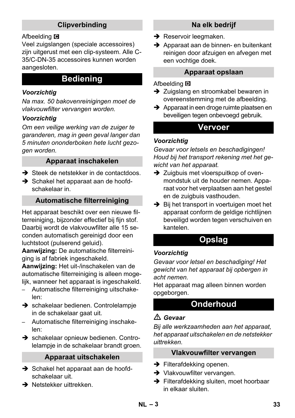 Bediening, Vervoer opslag onderhoud | Karcher NT 55-1 Tact Bs User Manual | Page 33 / 180