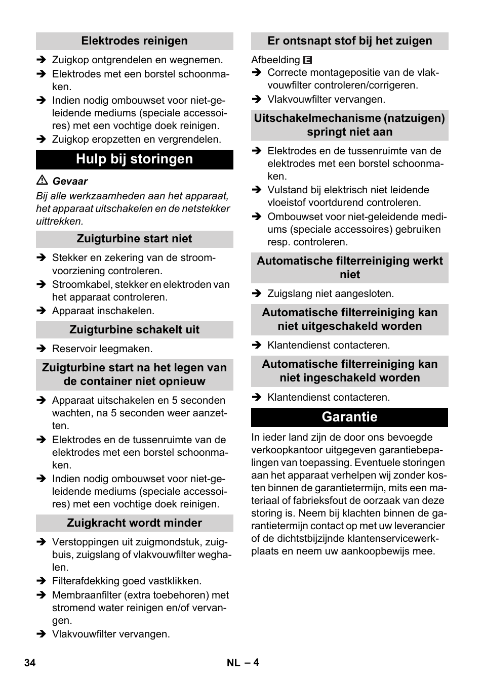 Hulp bij storingen, Garantie | Karcher NT 55-1 Tact Bs User Manual | Page 34 / 180