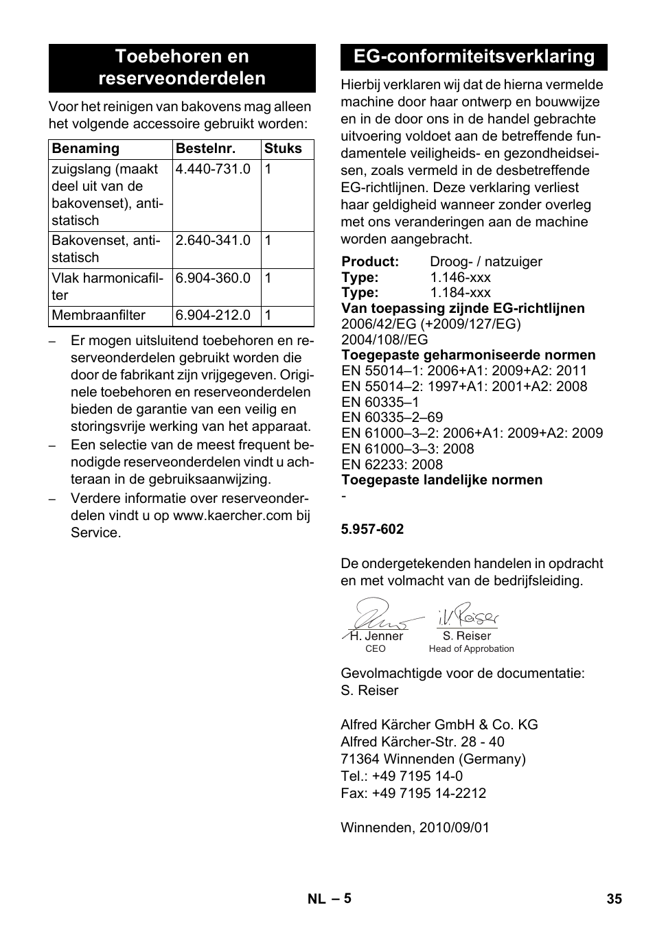 Toebehoren en reserveonderdelen, Eg-conformiteitsverklaring | Karcher NT 55-1 Tact Bs User Manual | Page 35 / 180