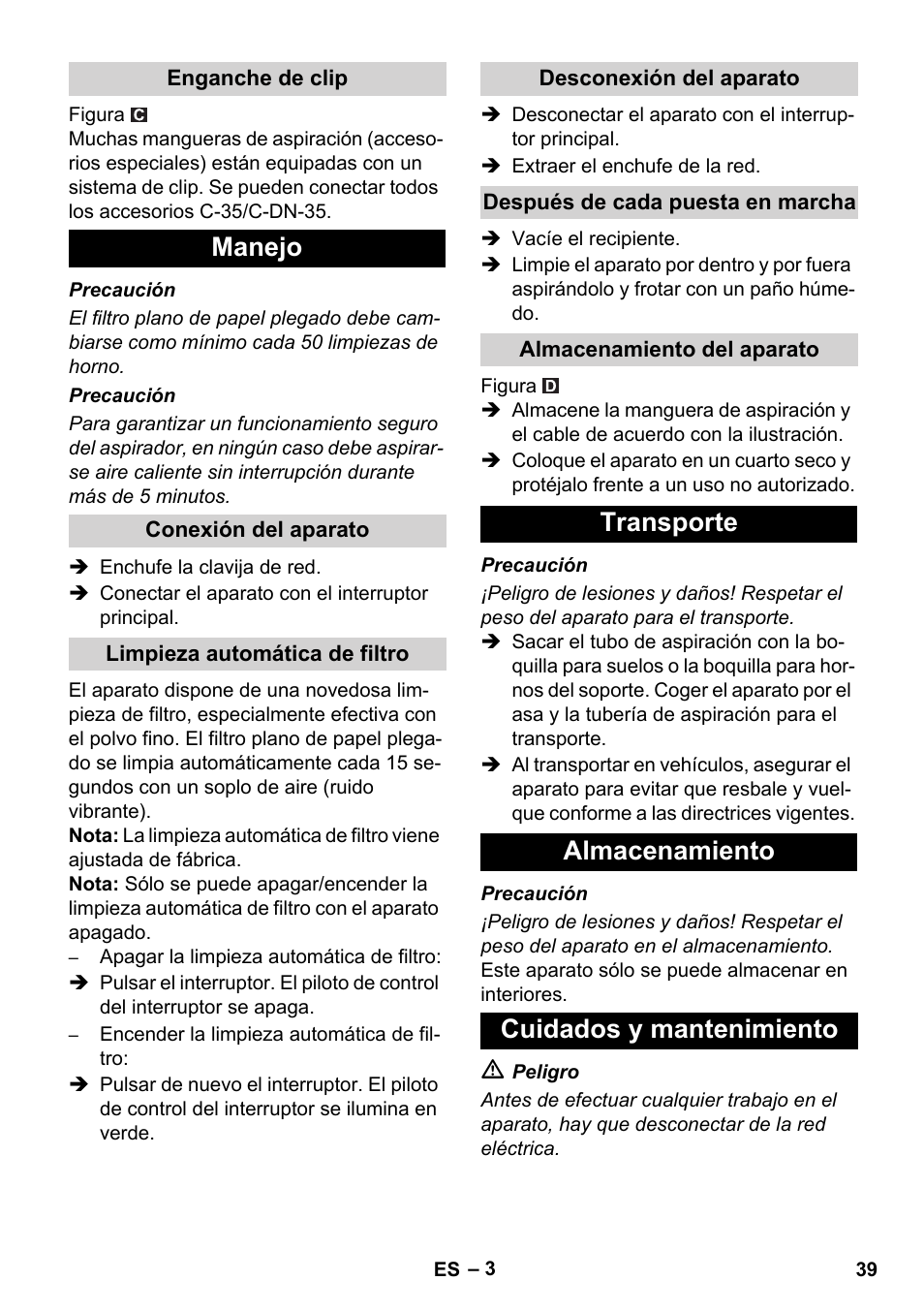 Manejo, Transporte almacenamiento cuidados y mantenimiento | Karcher NT 55-1 Tact Bs User Manual | Page 39 / 180