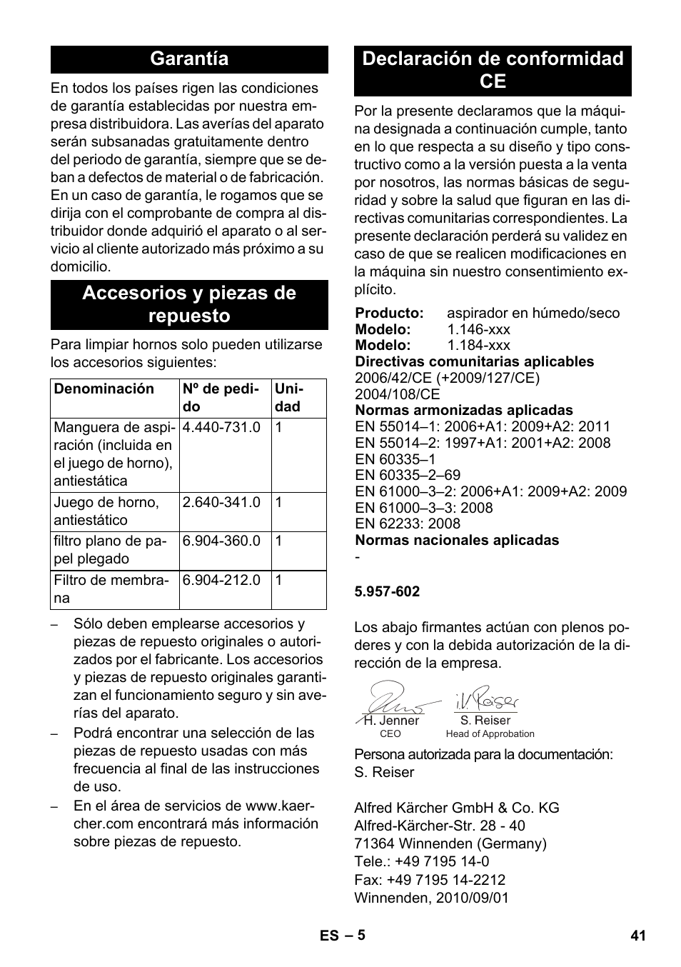 Garantía accesorios y piezas de repuesto, Declaración de conformidad ce | Karcher NT 55-1 Tact Bs User Manual | Page 41 / 180