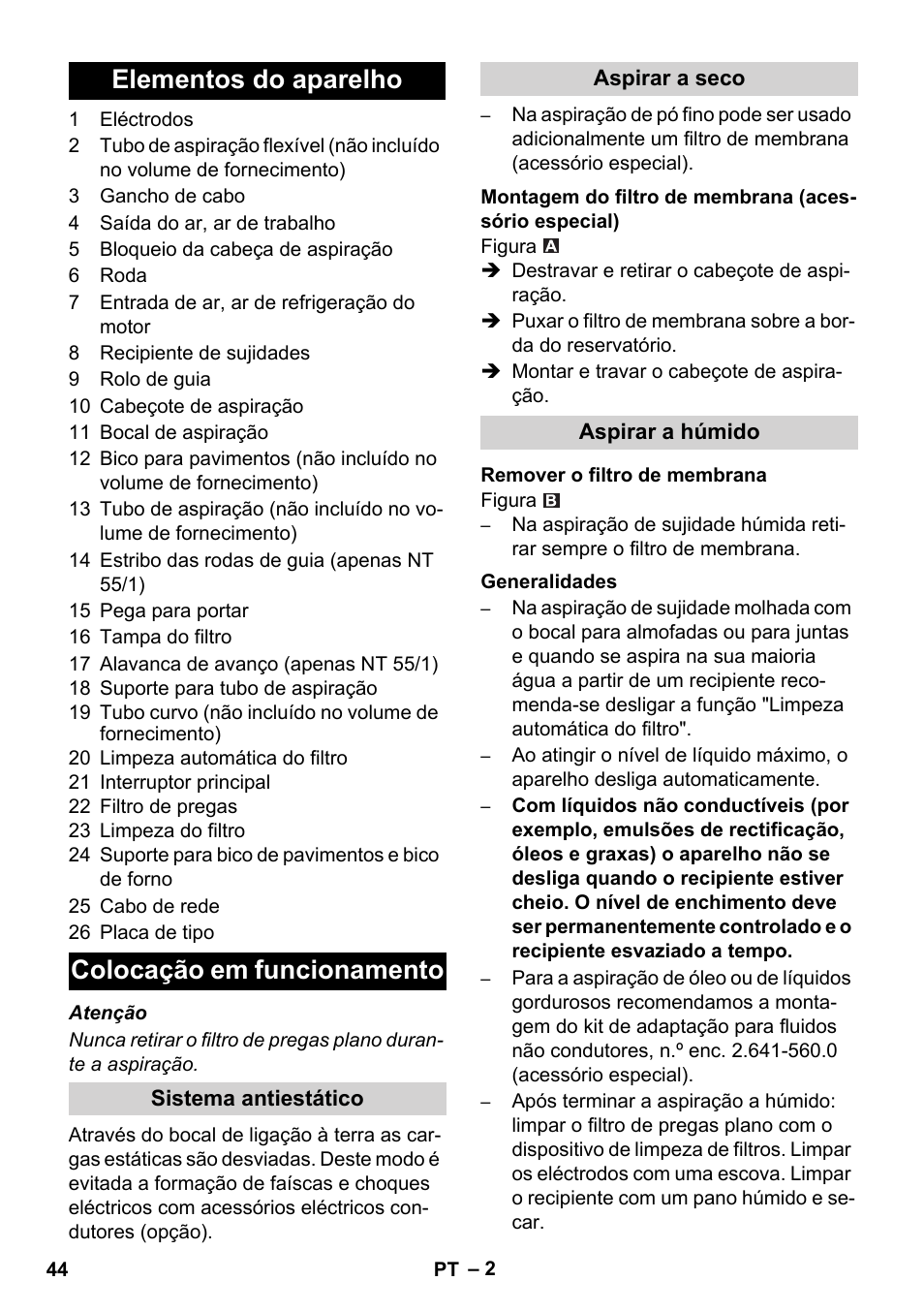 Elementos do aparelho colocação em funcionamento | Karcher NT 55-1 Tact Bs User Manual | Page 44 / 180