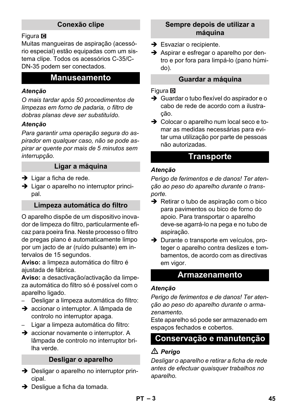 Manuseamento, Transporte armazenamento conservação e manutenção | Karcher NT 55-1 Tact Bs User Manual | Page 45 / 180