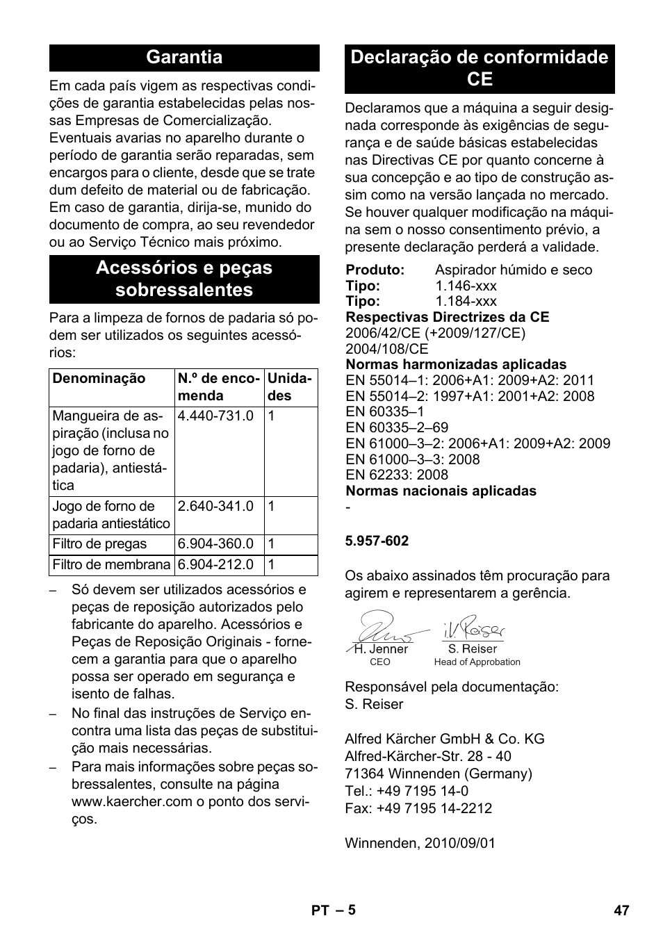 Garantia acessórios e peças sobressalentes, Declaração de conformidade ce | Karcher NT 55-1 Tact Bs User Manual | Page 47 / 180