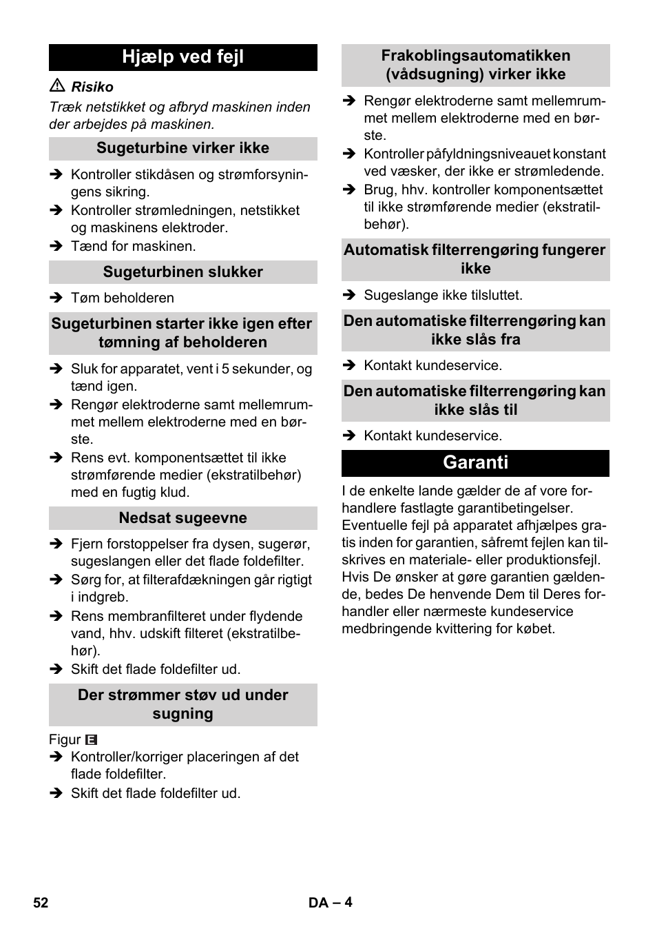 Hjælp ved fejl, Garanti | Karcher NT 55-1 Tact Bs User Manual | Page 52 / 180