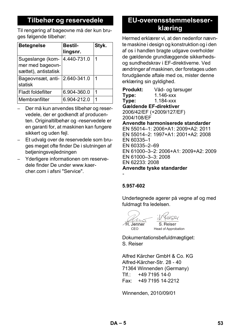 Tilbehør og reservedele, Eu-overensstemmelseser- klæring | Karcher NT 55-1 Tact Bs User Manual | Page 53 / 180