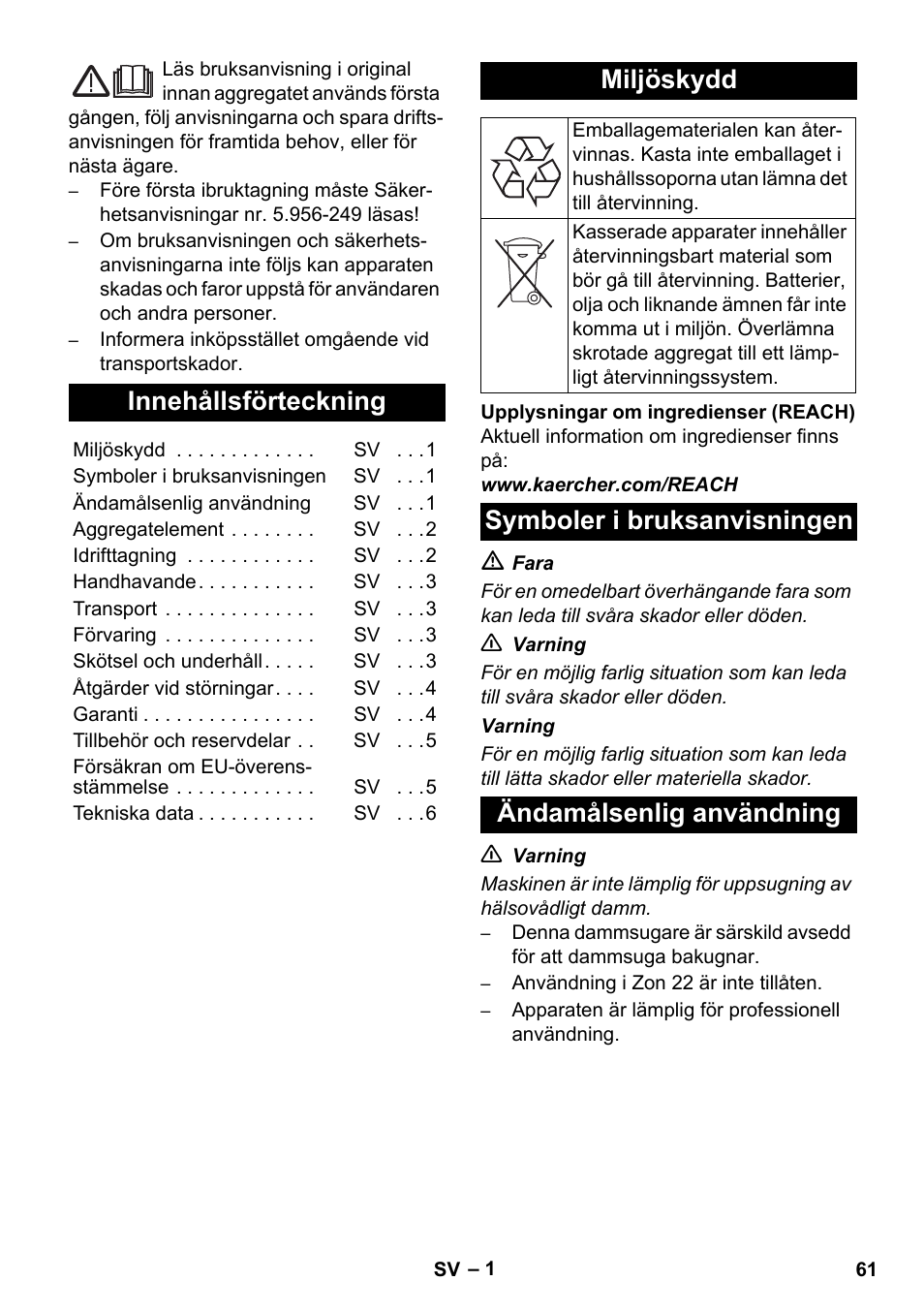 Svenska, Innehållsförteckning, Miljöskydd | Karcher NT 55-1 Tact Bs User Manual | Page 61 / 180