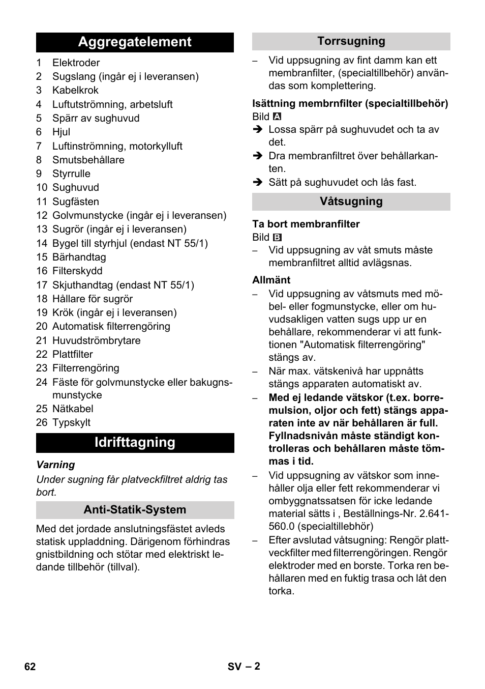 Aggregatelement idrifttagning | Karcher NT 55-1 Tact Bs User Manual | Page 62 / 180