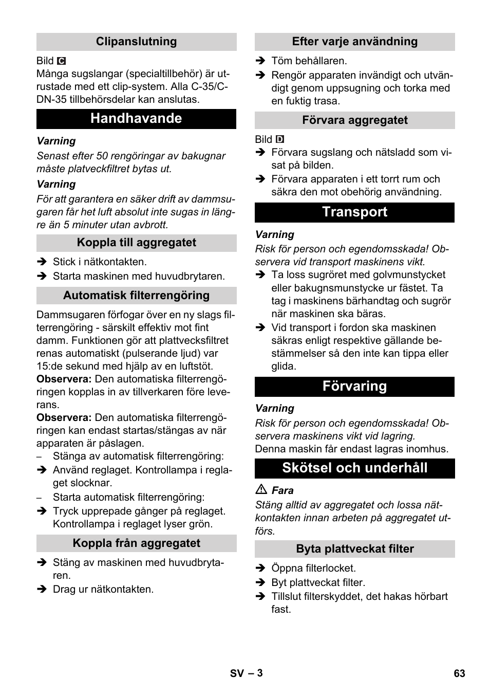 Handhavande, Transport förvaring skötsel och underhåll | Karcher NT 55-1 Tact Bs User Manual | Page 63 / 180