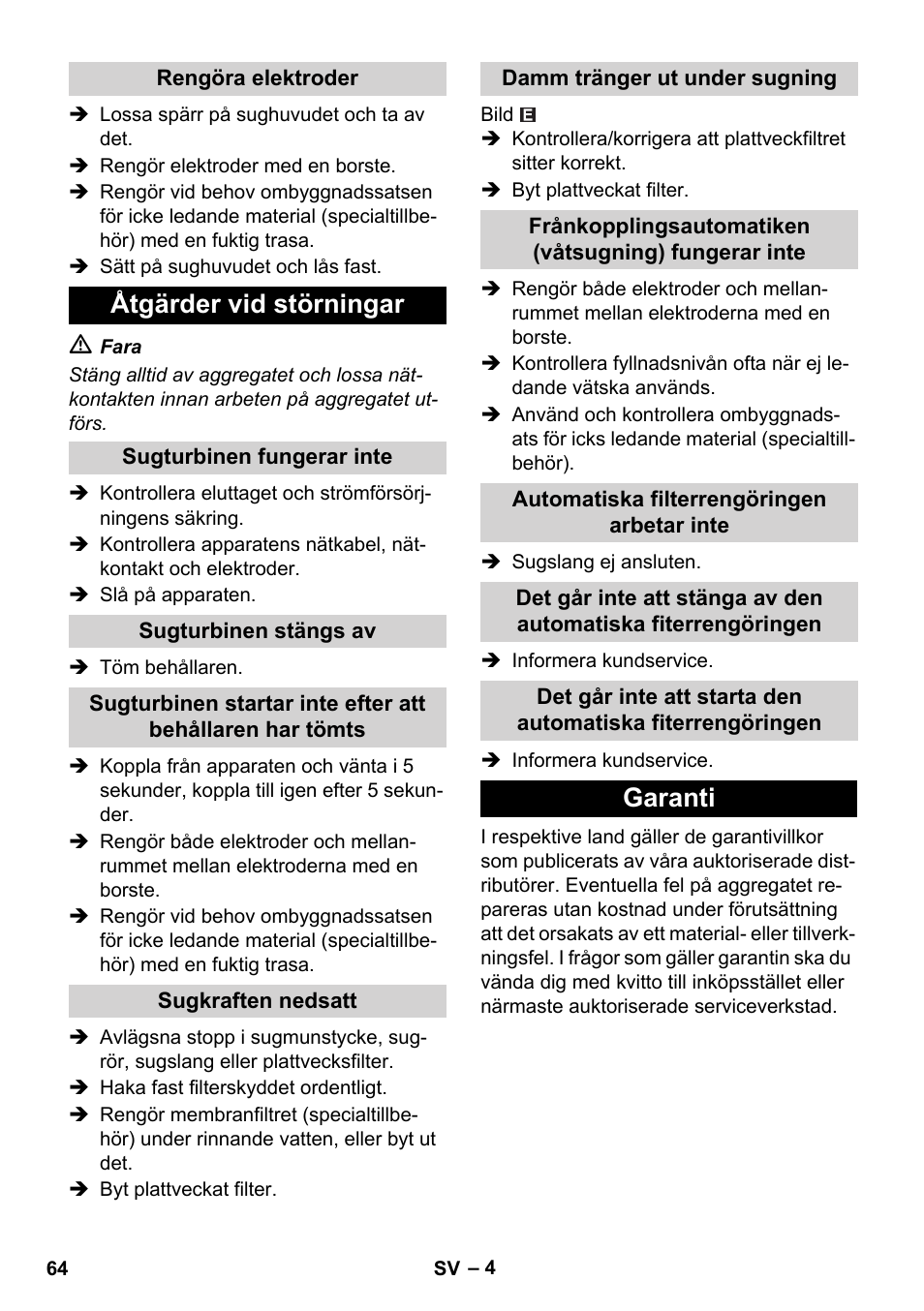 Åtgärder vid störningar, Garanti | Karcher NT 55-1 Tact Bs User Manual | Page 64 / 180