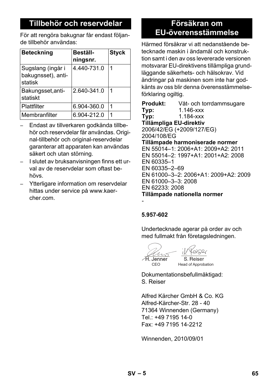 Tillbehör och reservdelar, Försäkran om eu-överensstämmelse | Karcher NT 55-1 Tact Bs User Manual | Page 65 / 180