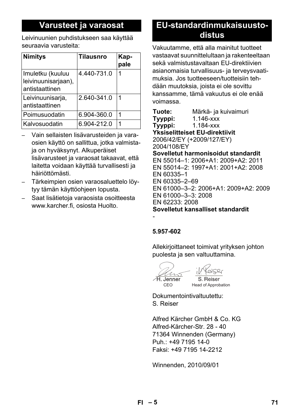 Varusteet ja varaosat, Eu-standardinmukaisuusto- distus | Karcher NT 55-1 Tact Bs User Manual | Page 71 / 180