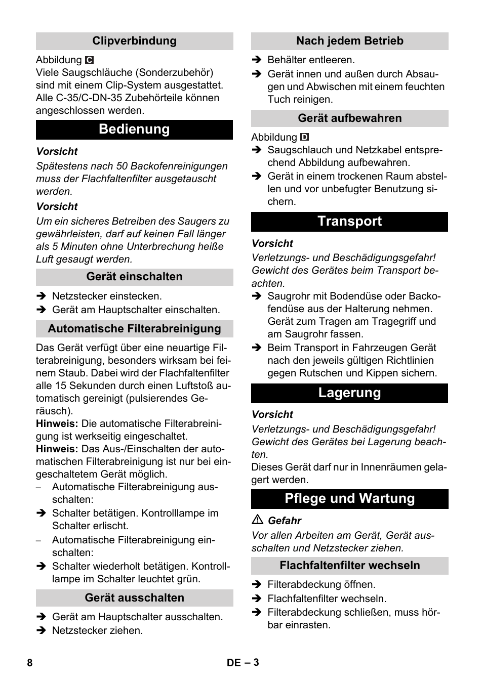 Bedienung, Transport lagerung pflege und wartung | Karcher NT 55-1 Tact Bs User Manual | Page 8 / 180