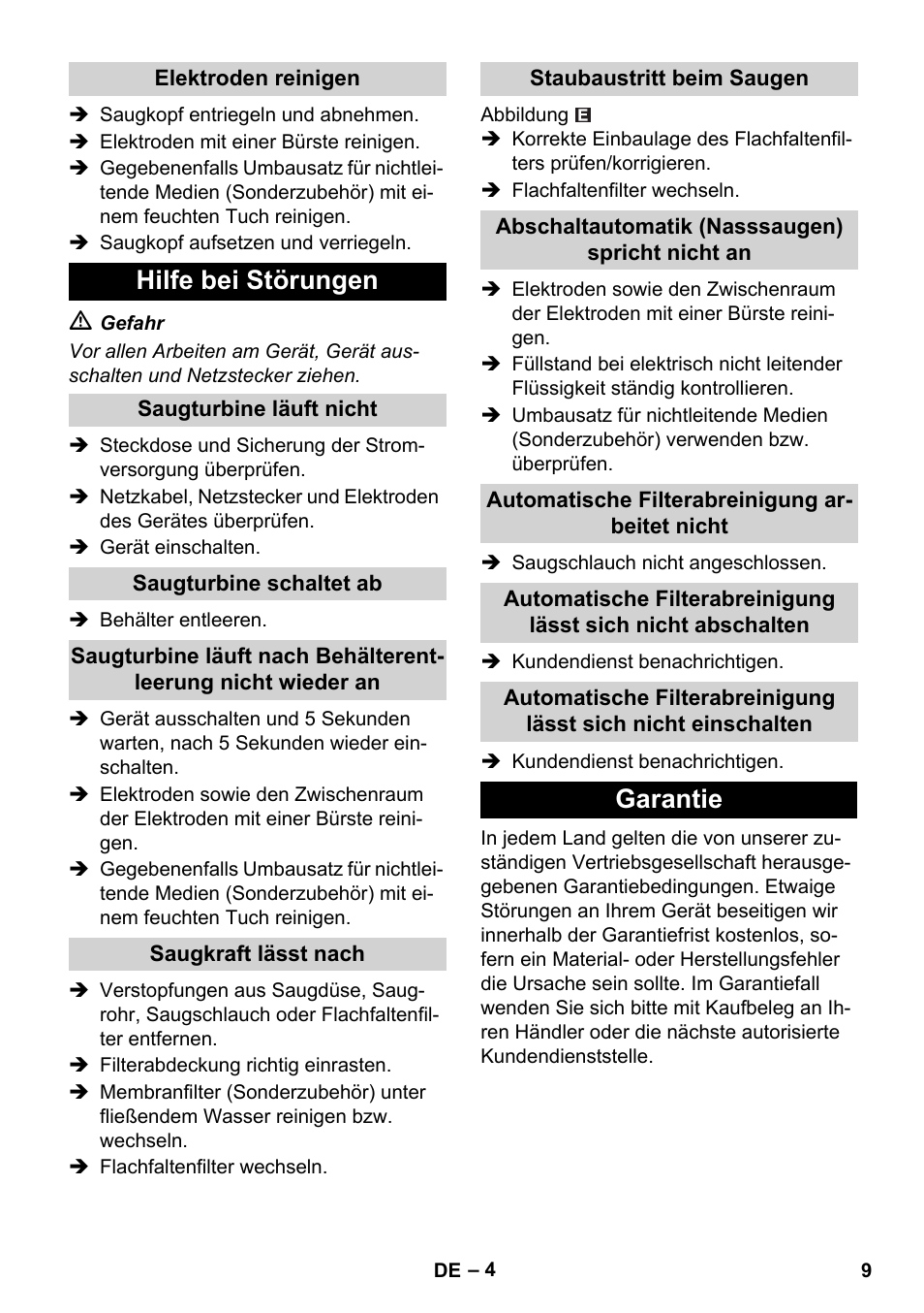 Hilfe bei störungen, Garantie | Karcher NT 55-1 Tact Bs User Manual | Page 9 / 180