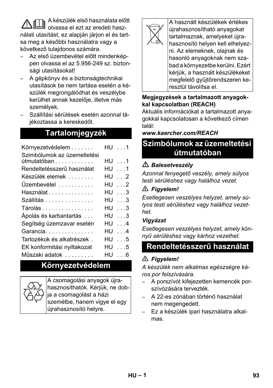 Magyar, Tartalomjegyzék, Környezetvédelem | Karcher NT 55-1 Tact Bs User Manual | Page 93 / 180