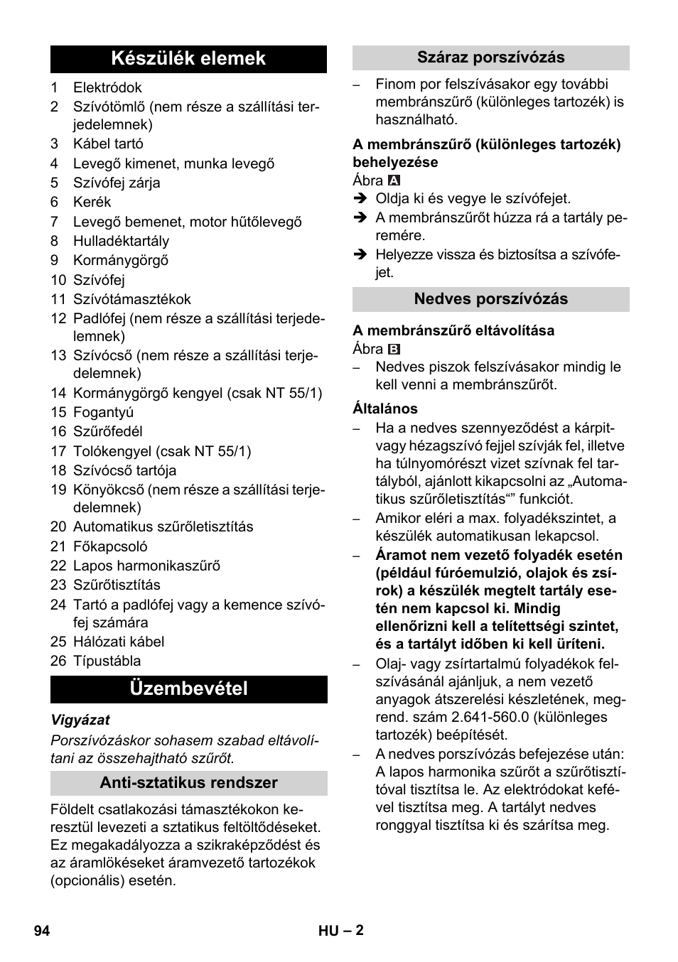 Készülék elemek üzembevétel | Karcher NT 55-1 Tact Bs User Manual | Page 94 / 180