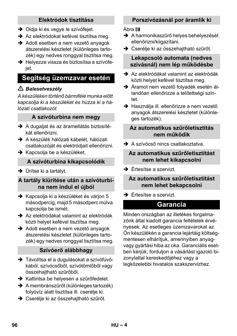 Segítség üzemzavar esetén, Garancia | Karcher NT 55-1 Tact Bs User Manual | Page 96 / 180