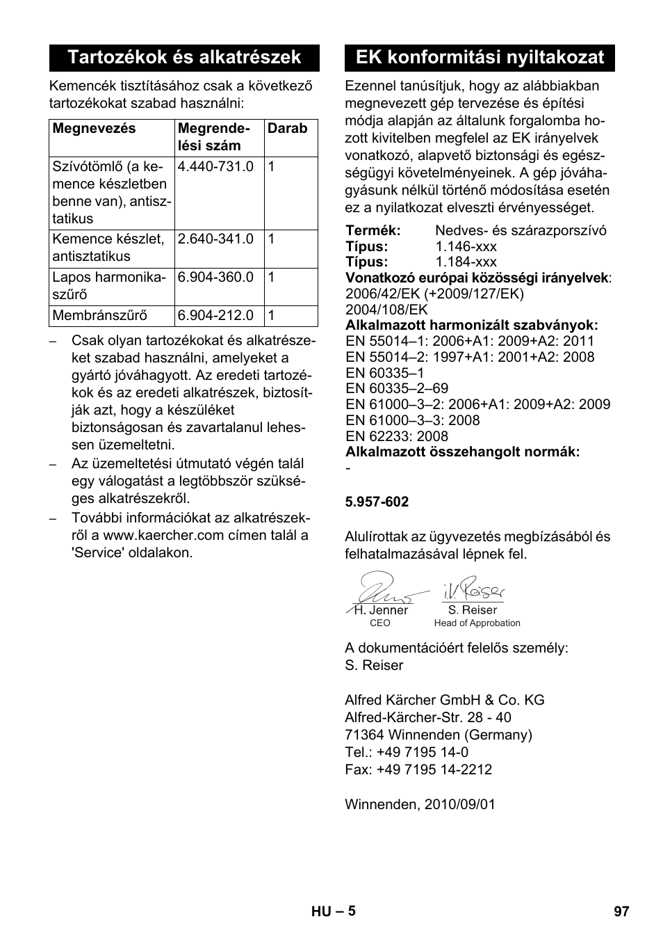 Tartozékok és alkatrészek, Ek konformitási nyiltakozat | Karcher NT 55-1 Tact Bs User Manual | Page 97 / 180