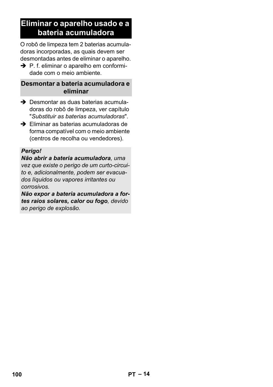 Eliminar o aparelho usado e a bateria acumuladora | Karcher Robot RC 3000 User Manual | Page 100 / 400